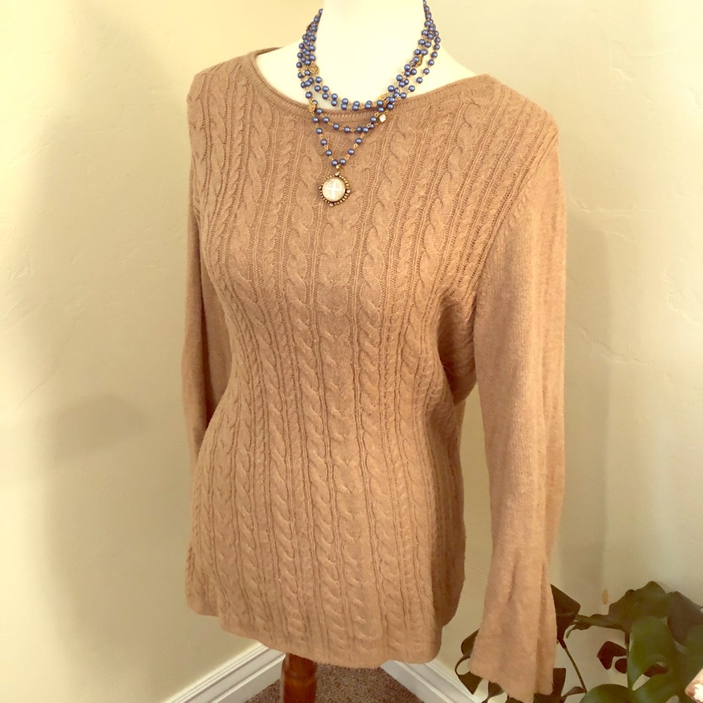 Soft camel colored oversized sweater. Cable knit